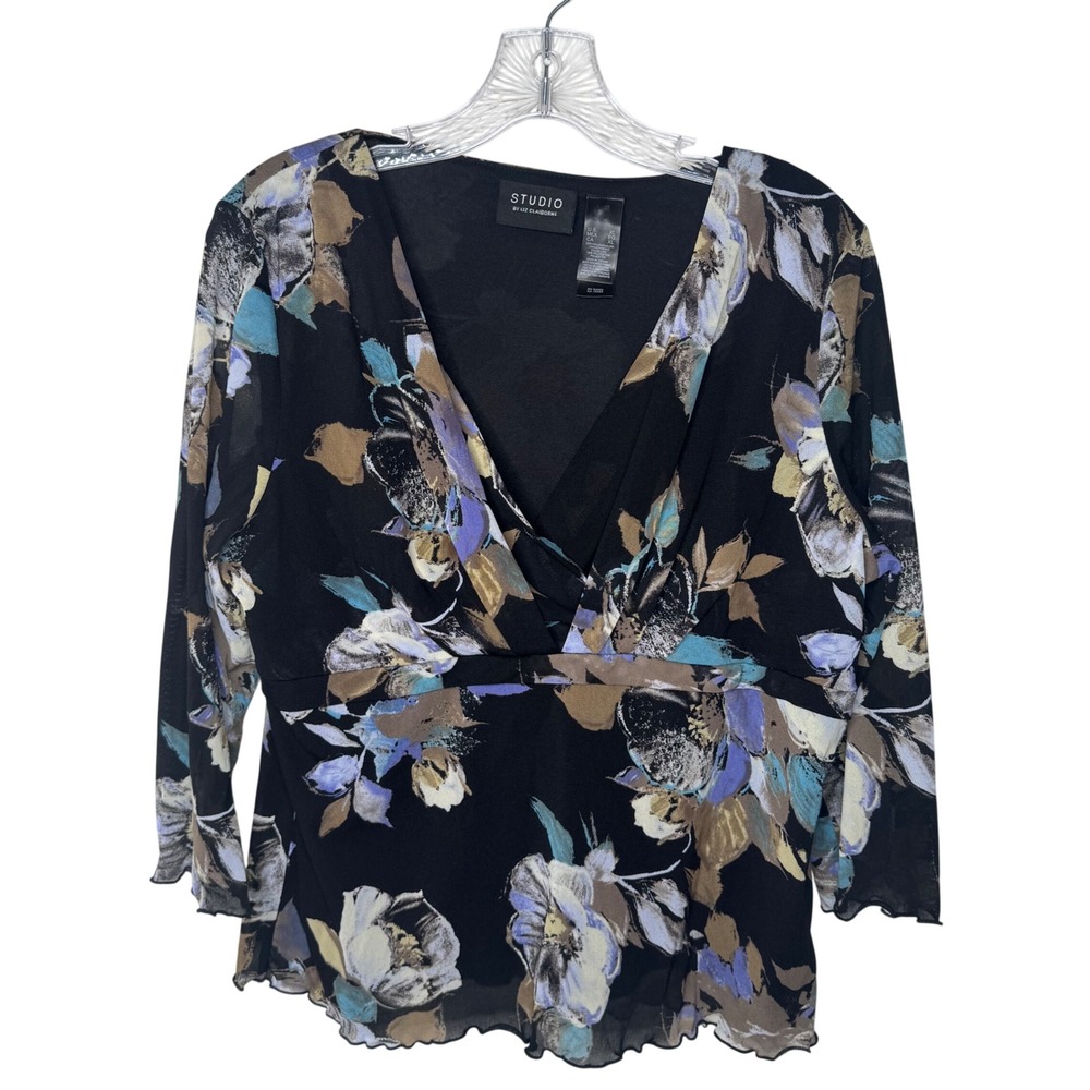 Y2K Studio by Liz Claiborne Floral Mesh V-Neck Blouse Black Blue‎ XL Fairycore